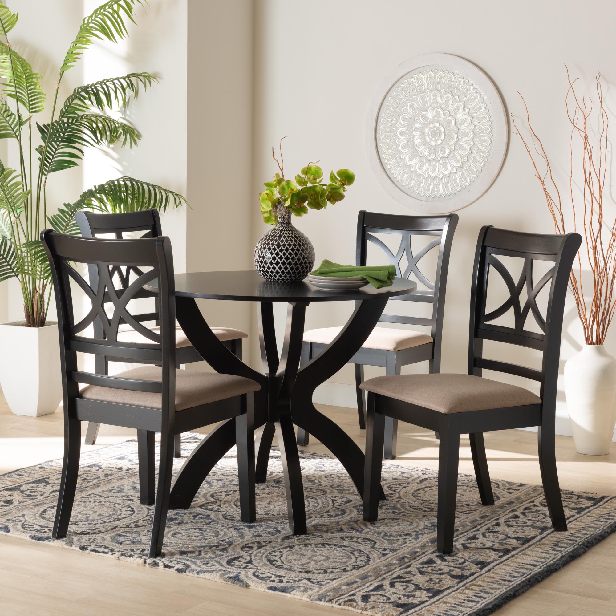 Noemi Modern Beige Fabric and Dark Brown Finished Wood 5-Piece Dining Set