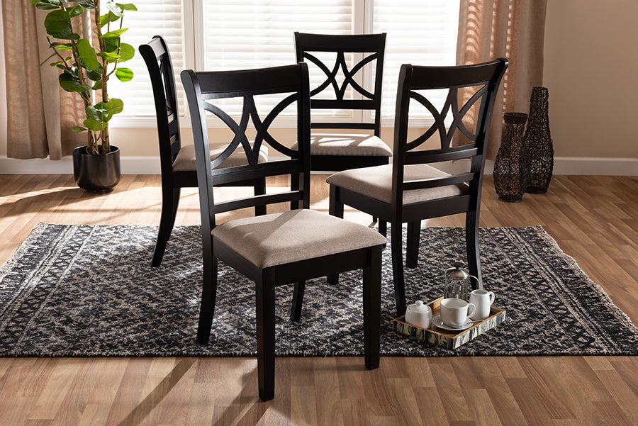 Clarke Modern and Contemporary Sand Fabric Upholstered and Espresso Brown Finished Wood 4-Piece Dining Chair Set