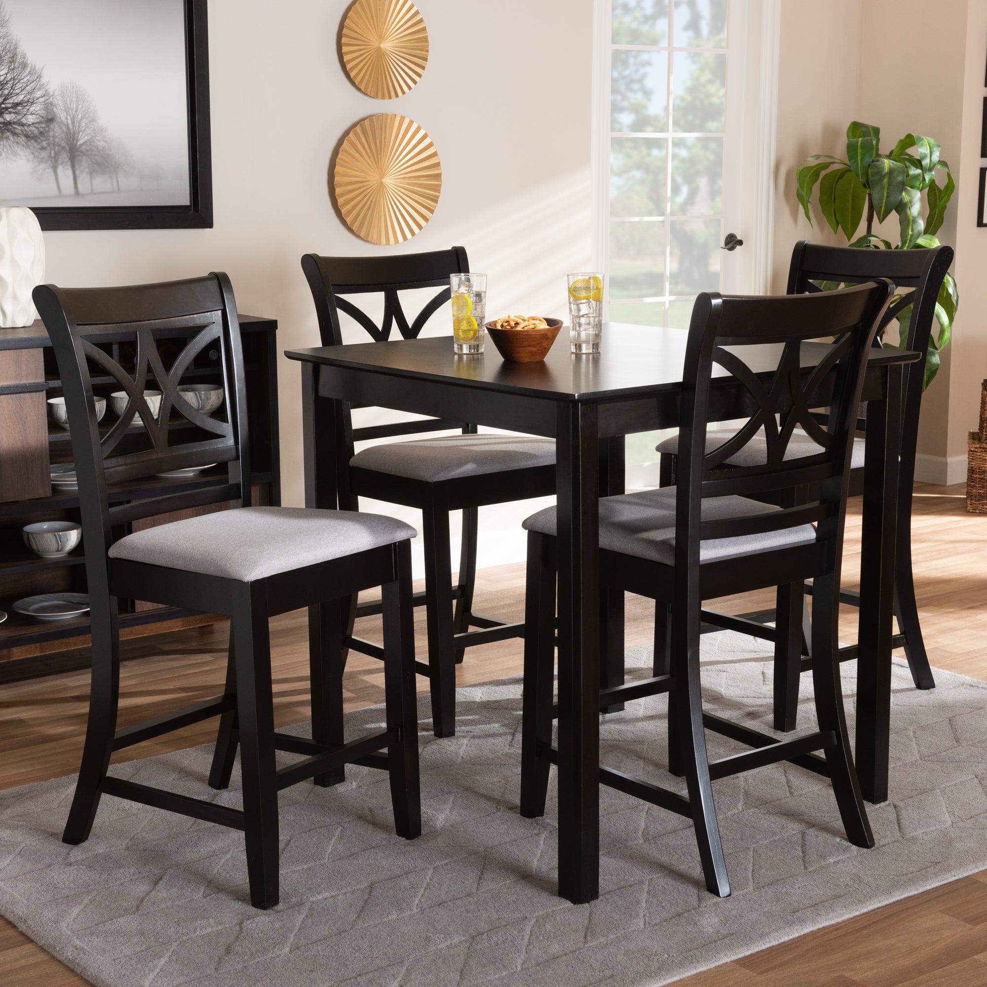Chandler Modern and Contemporary Grey Fabric Upholstered and Espresso Brown Finished Wood 5-Piece Counter Height Pub Dining Set