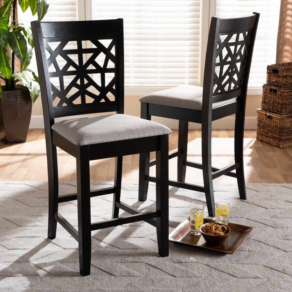 Devon Modern and Contemporary Grey Fabric Upholstered and Espresso Brown Finished Wood 2-Piece Counter Height Pub Chair Set