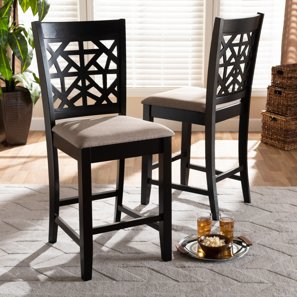 Devon Modern and Contemporary Sand Fabric Upholstered and Espresso Brown Finished Wood 2-Piece Counter Height Pub Chair Set