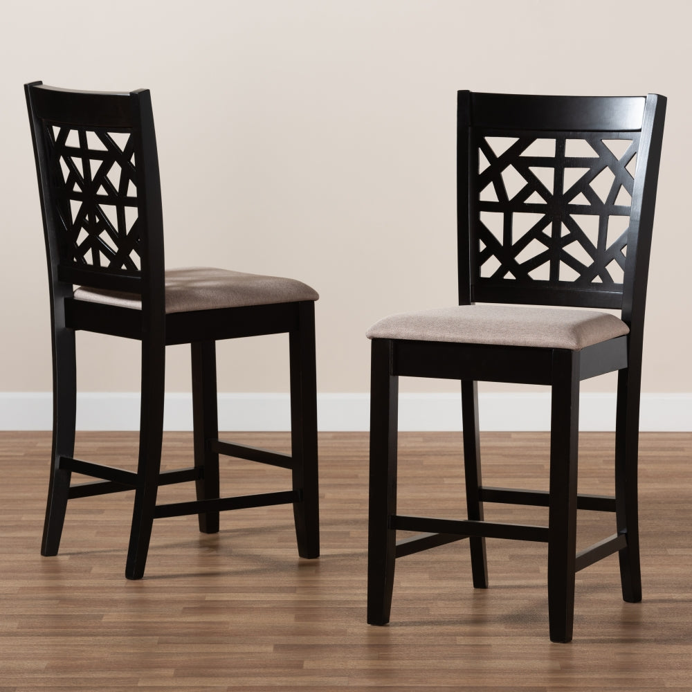 Devon Modern and Contemporary Sand Fabric Upholstered and Espresso Brown Finished Wood 2-Piece Counter Height Pub Chair Set