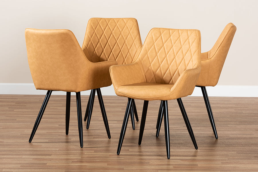 Astrid Mid-Century Contemporary Tan Faux Leather Upholstered and Black Metal 4-Piece Dining Chair Set