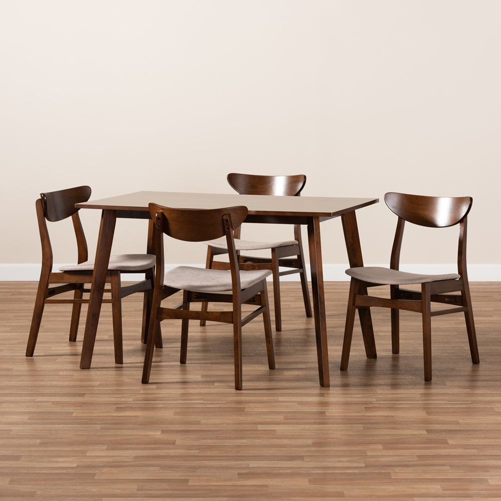 Orion Mid-Century Modern Transitional Light Beige Fabric Upholstered and Walnut Brown Finished Wood 5-Piece Dining Set