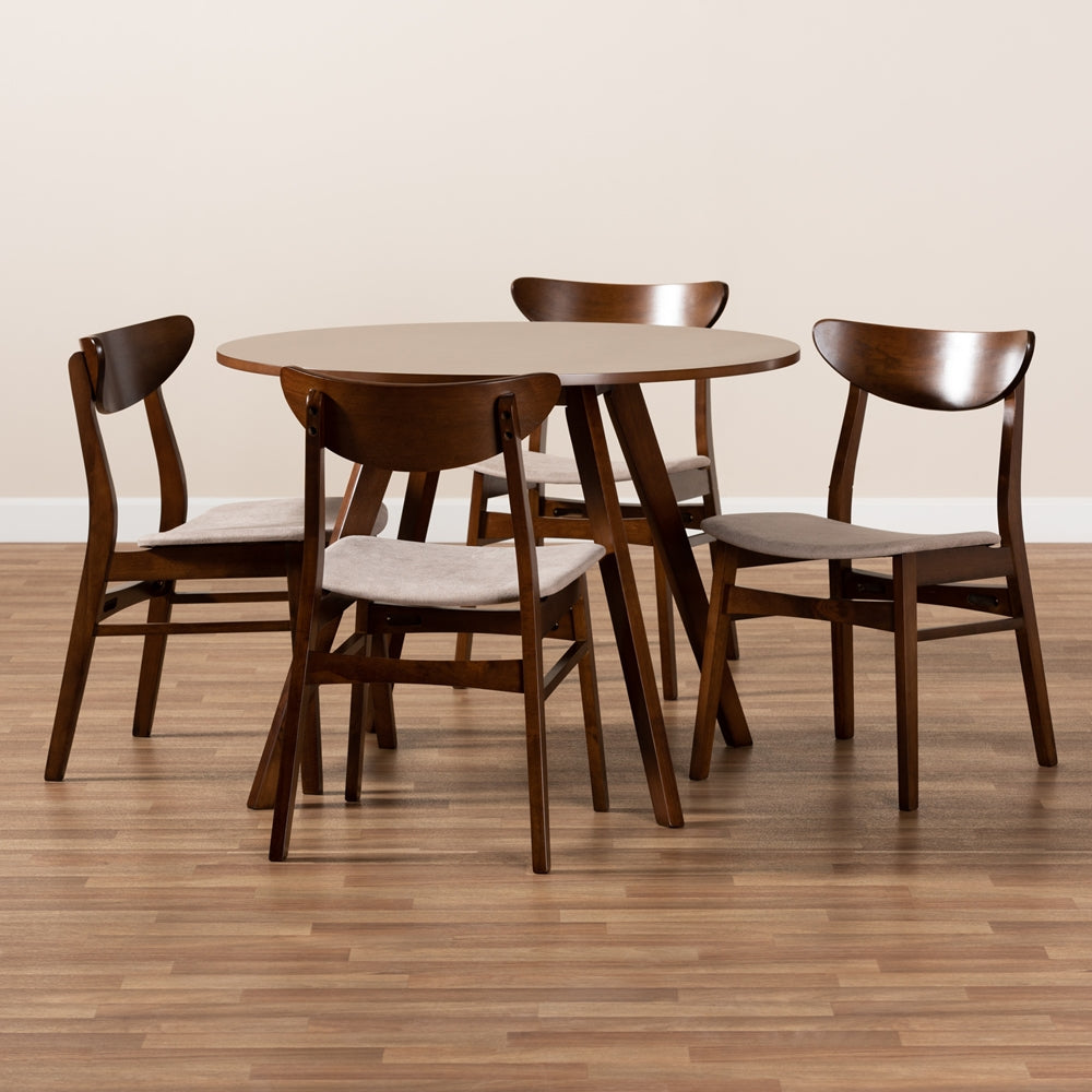 Philip Mid-Century Modern Transitional Light Beige Fabric Upholstered and Walnut Brown Finished Wood 5-Piece Dining Set