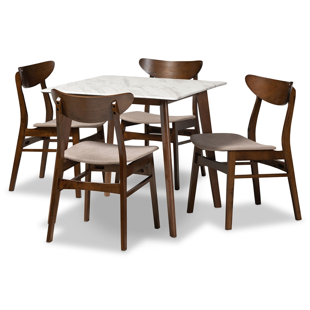 Paras Mid-Century Modern Transitional Light Beige Fabric Upholstered and Walnut Brown Finished Wood 5-Piece Dining Set with Faux Marble Dining Table