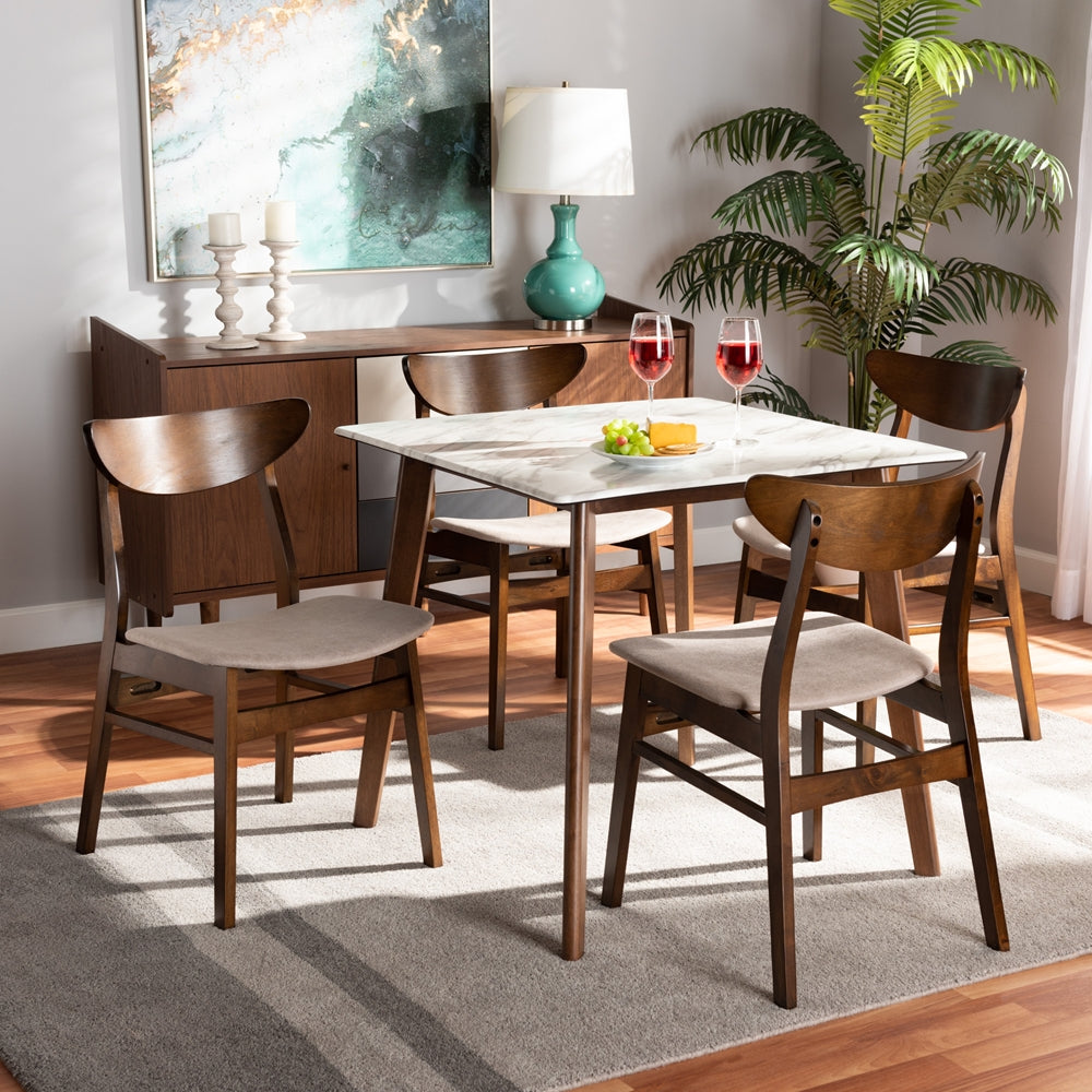 Paras Mid-Century Modern Transitional Light Beige Fabric Upholstered and Walnut Brown Finished Wood 5-Piece Dining Set with Faux Marble Dining Table