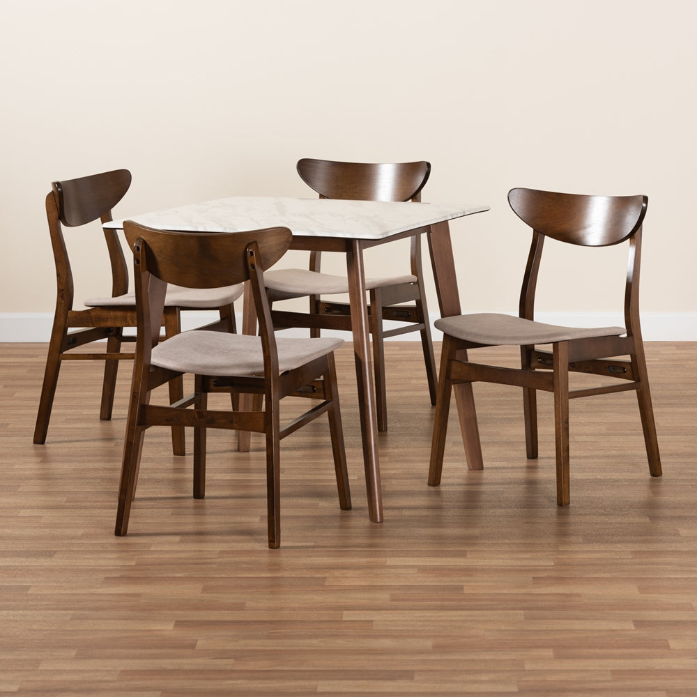Paras Mid-Century Modern Transitional Light Beige Fabric Upholstered and Walnut Brown Finished Wood 5-Piece Dining Set with Faux Marble Dining Table