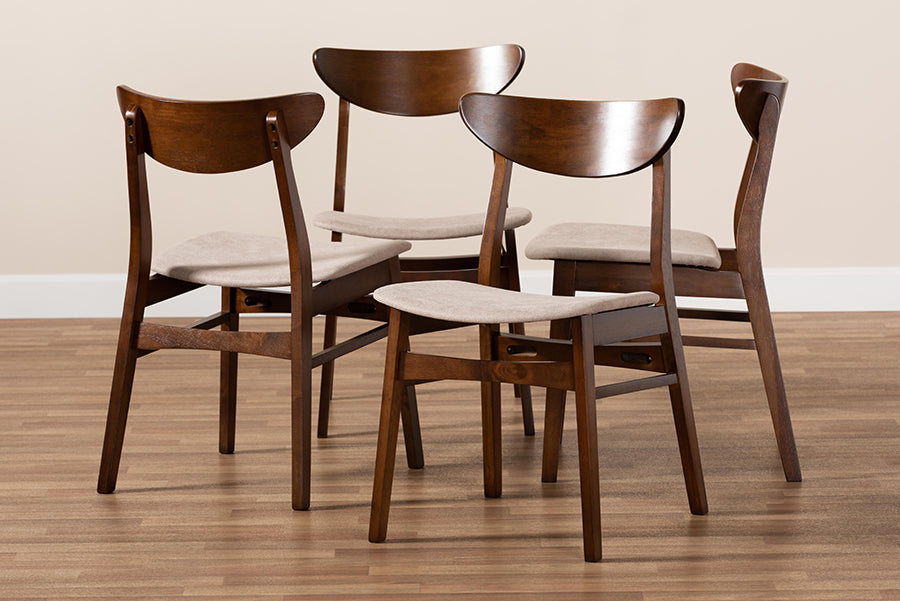 Parlin Mid-Century Modern Transitional Light Beige Fabric Upholstered and Walnut Brown Finished Wood 4-Piece Dining Chair Set