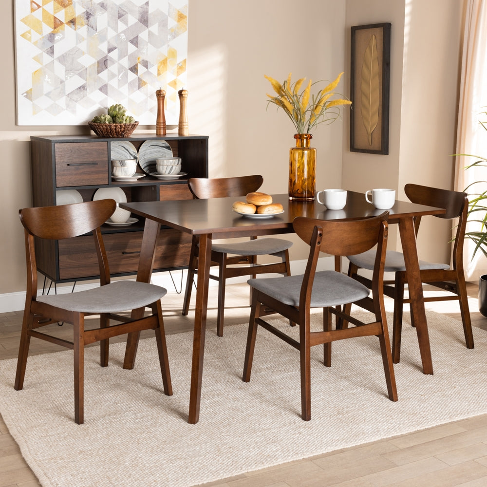 Orion Mid-Century Modern Transitional Light Grey Fabric Upholstered and Walnut Brown Finished Wood 5-Piece Dining Set