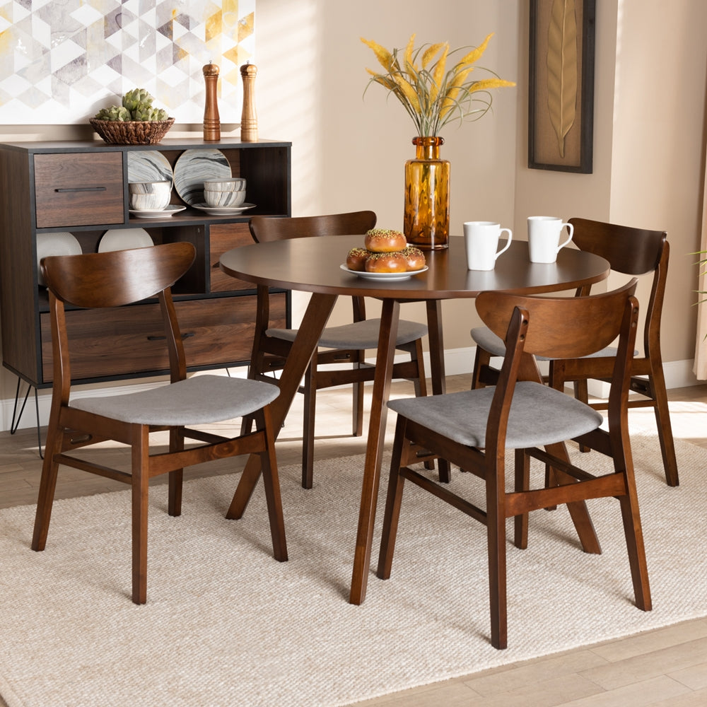 Philip Mid-Century Modern Transitional Light Grey Fabric Upholstered and Walnut Brown Finished Wood 5-Piece Dining Set
