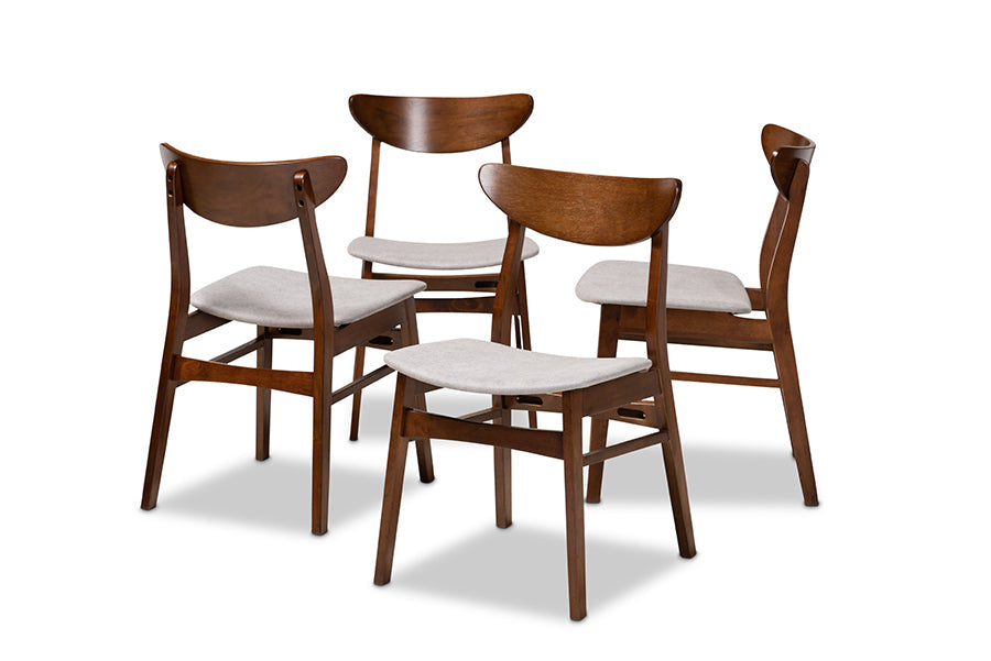 Parlin Mid-Century Modern Transitional Light Grey Fabric Upholstered and Walnut Brown Finished Wood 4-Piece Dining Chair Set