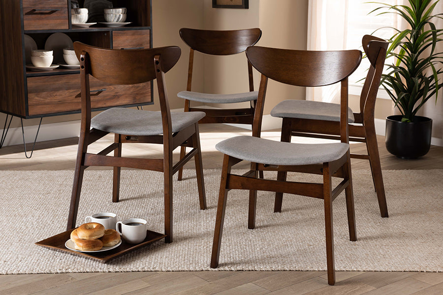 Parlin Mid-Century Modern Transitional Light Grey Fabric Upholstered and Walnut Brown Finished Wood 4-Piece Dining Chair Set