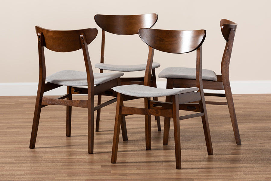Parlin Mid-Century Modern Transitional Light Grey Fabric Upholstered and Walnut Brown Finished Wood 4-Piece Dining Chair Set