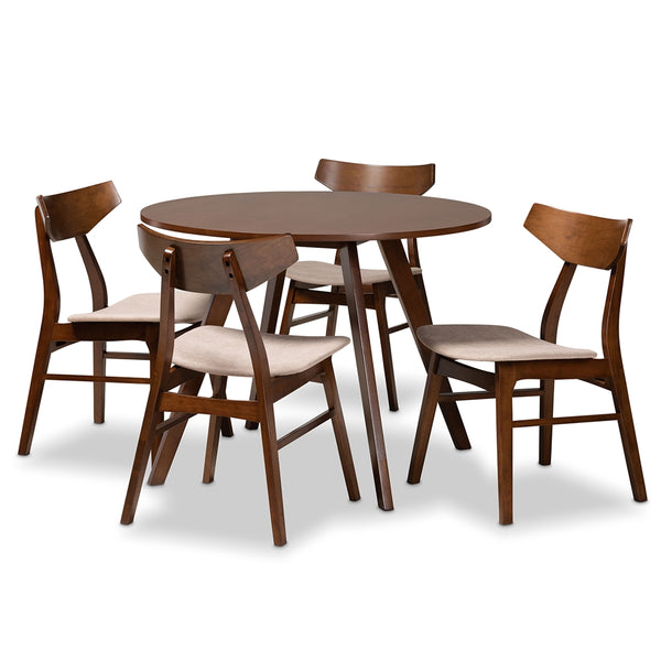 Timothy Mid-Century Modern Transitional Light Beige Fabric Upholstered and Walnut Brown Finished Wood 5-Piece Dining Set