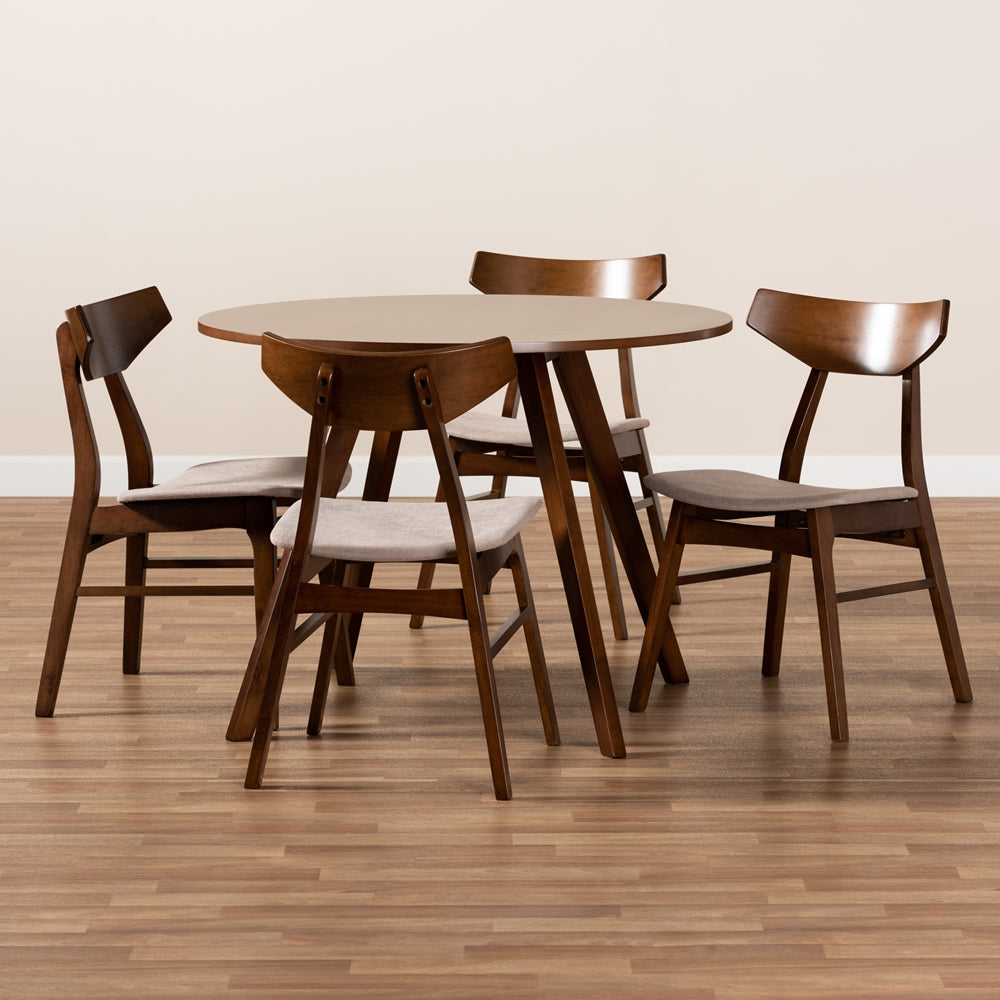 Timothy Mid-Century Modern Transitional Light Beige Fabric Upholstered and Walnut Brown Finished Wood 5-Piece Dining Set