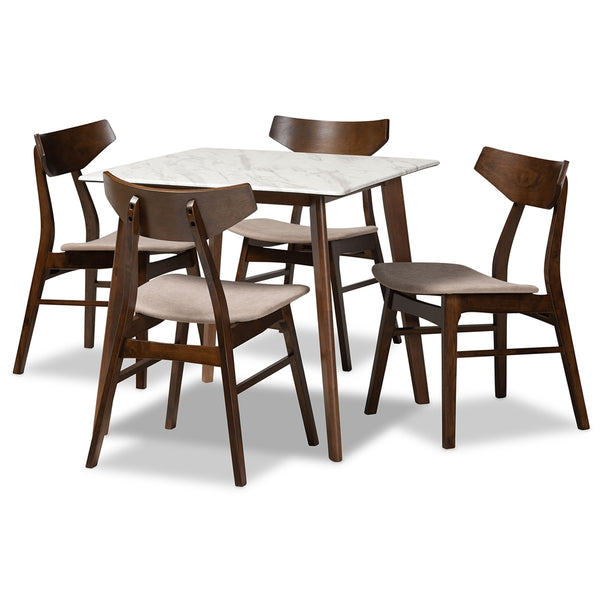 Pearson Mid-Century Modern Transitional Light Beige Fabric Upholstered and Walnut Brown Finished Wood 5-Piece Dining Set with Faux Marble Table