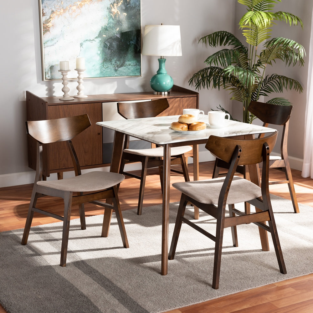 Pearson Mid-Century Modern Transitional Light Beige Fabric Upholstered and Walnut Brown Finished Wood 5-Piece Dining Set with Faux Marble Table
