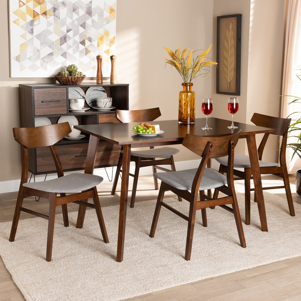 Lois Mid-Century Modern Transitional Light Grey Fabric Upholstered and Walnut Brown Finished Wood 5-Piece Dining Set
