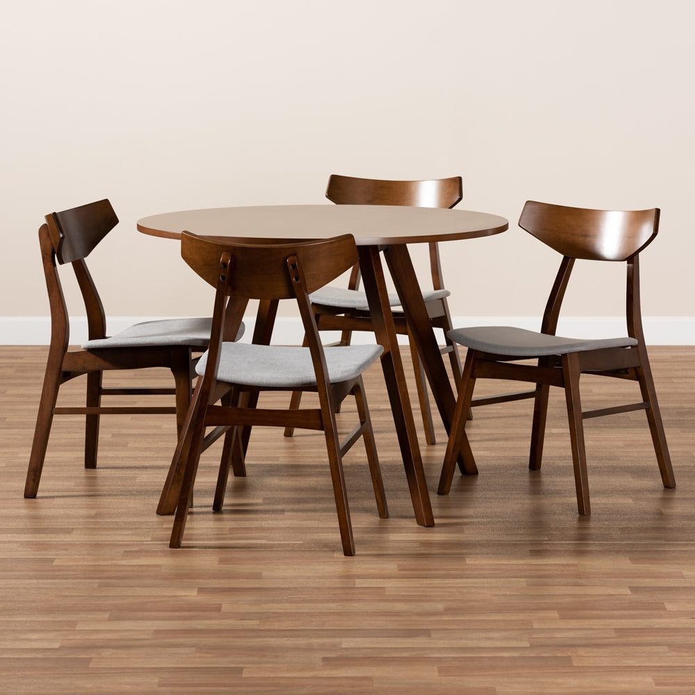 Timothy Mid-Century Modern Transitional Light Grey Fabric Upholstered and Walnut Brown Finished Wood 5-Piece Dining Set