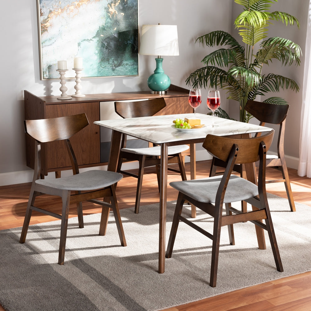 Pearson Mid-Century Modern Transitional Light Grey Fabric Upholstered and Walnut Brown Finished Wood 5-Piece Dining Set with Faux Marble Table