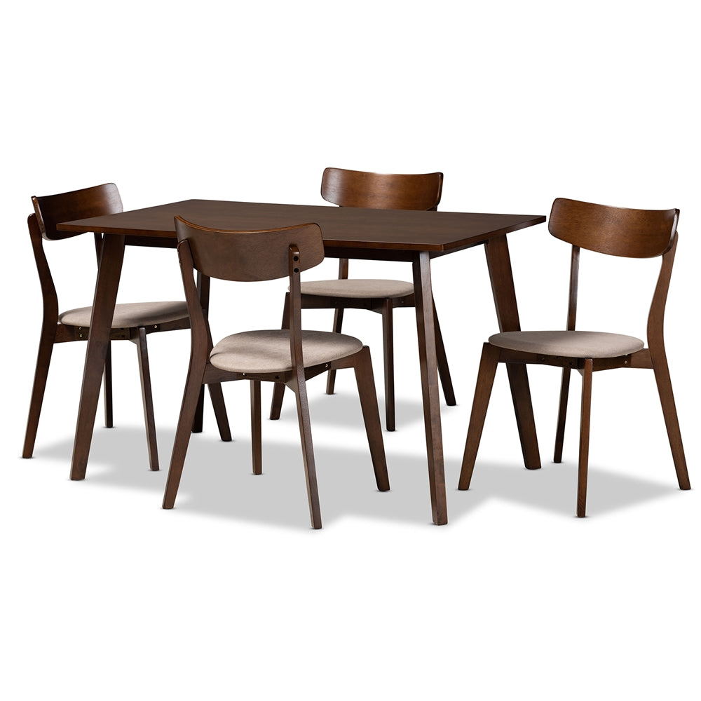 Nori Mid-Century Modern Transitional Light Beige Fabric Upholstered and Walnut Brown Finished Wood 5-Piece Dining Set