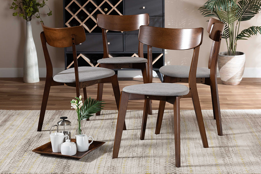 Iora Mid-Century Modern Transitional Light Grey Fabric Upholstered and Walnut Brown Finished Wood 4-Piece Dining Chair Set