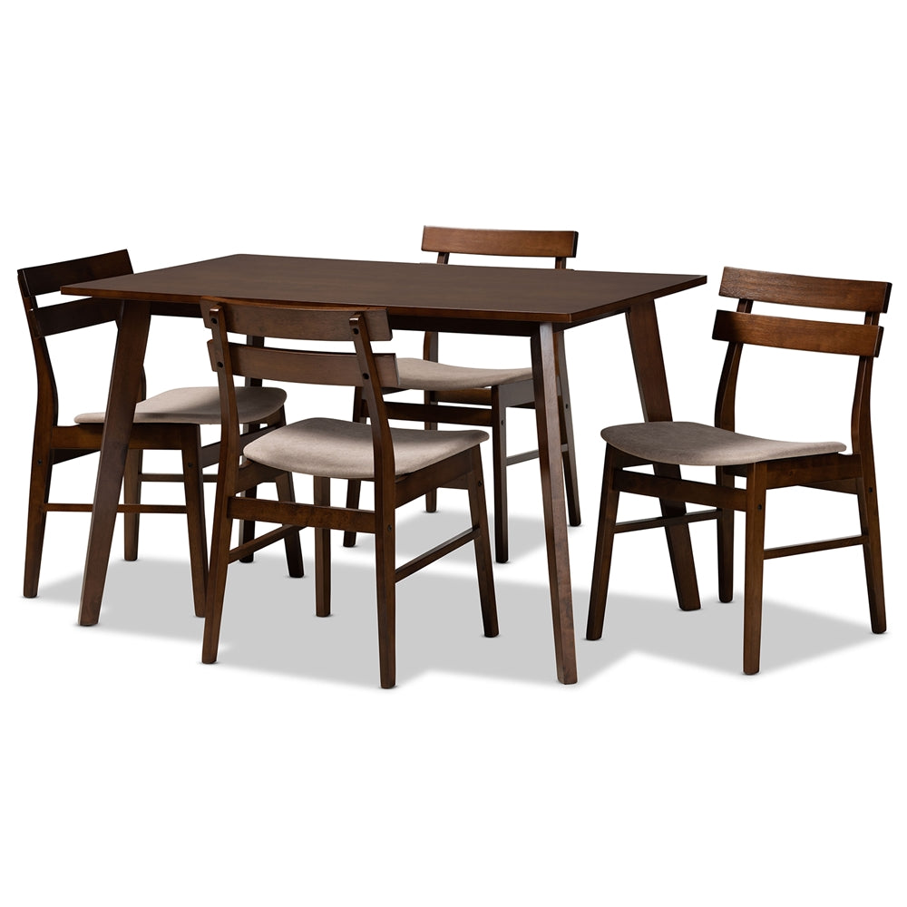 Eleri Mid-Century Modern Transitional Light Beige Fabric Upholstered and Walnut Brown Finished Wood 5-Piece Dining Set