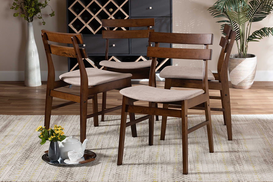 Devlin Mid-Century Modern Transitional Light Beige Fabric Upholstered and Walnut Brown Finished Wood 4-Piece Dining Chair Set
