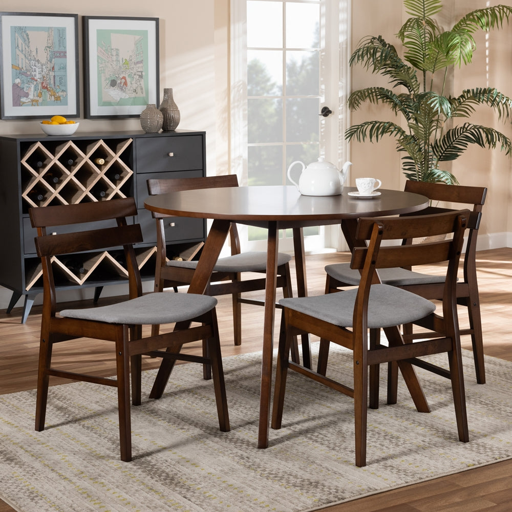 Eiko Mid-Century Modern Transitional Light Grey Fabric Upholstered and Walnut Brown Finished Wood 5-Piece Dining Set