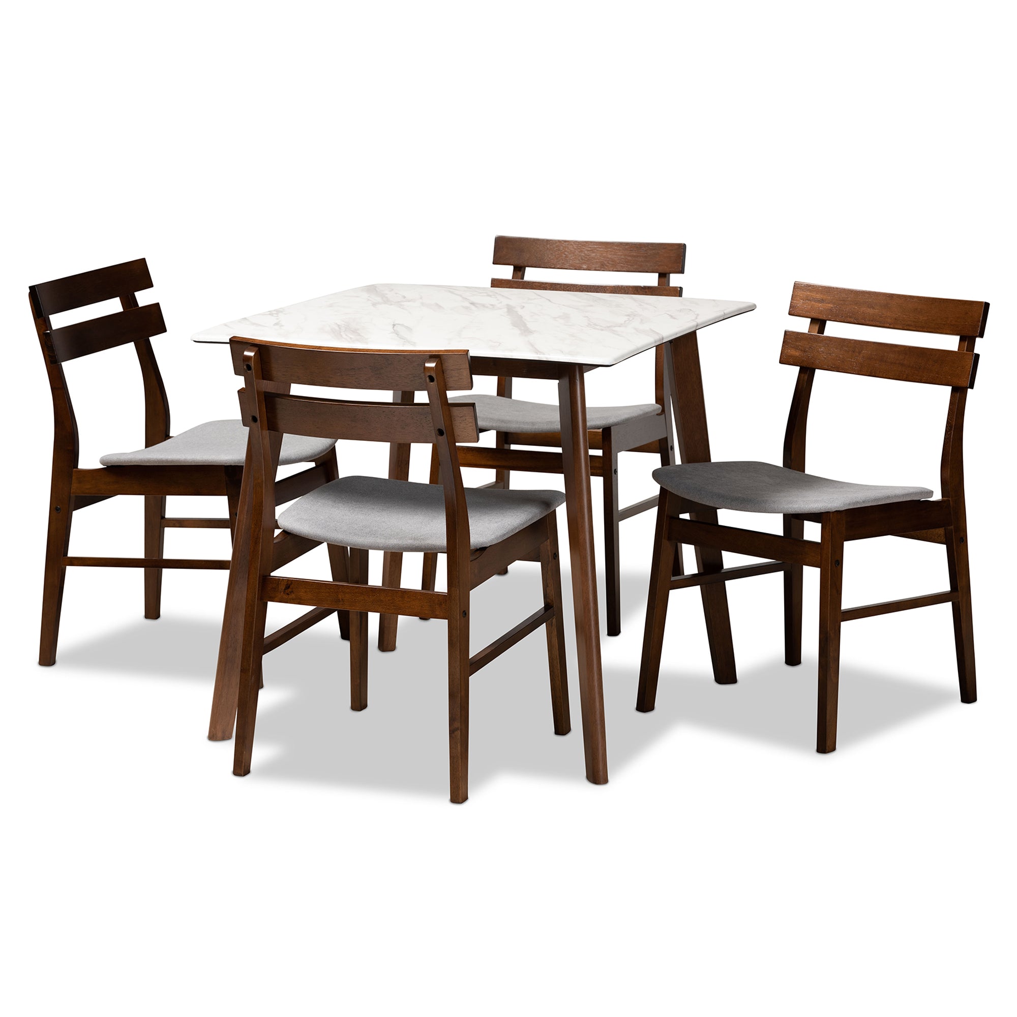 Baxton Studio Richmond Mid-Century Modern Light Grey Fabric Upholstered and Walnut Brown Finished Wood 5-Piece Dining Set with Faux Marble Dining Table