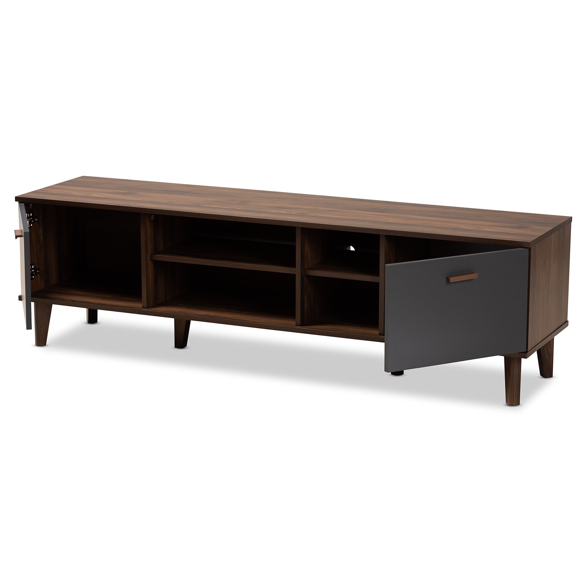 Moina Mid-Century Modern Two-Tone Walnut Brown and Grey Finished Wood TV Stand