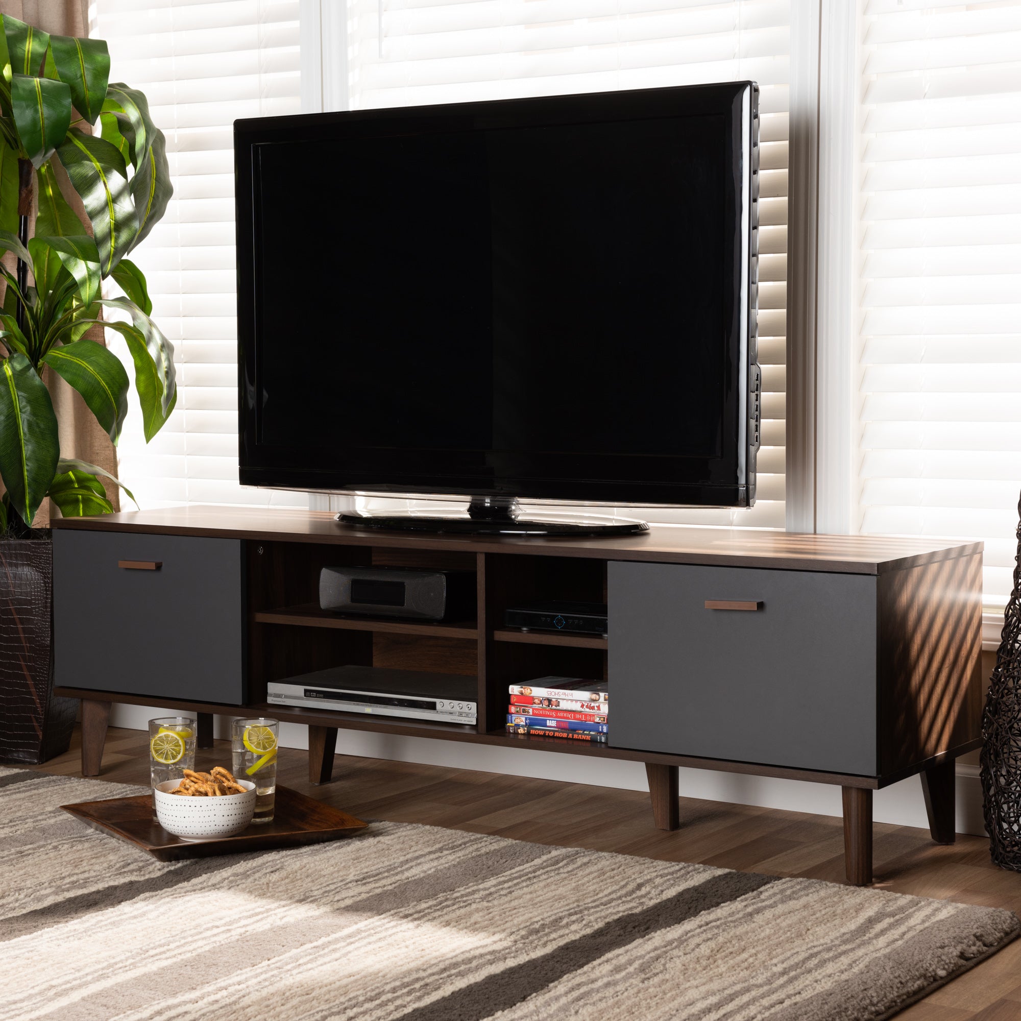 Moina Mid-Century Modern Two-Tone Walnut Brown and Grey Finished Wood TV Stand