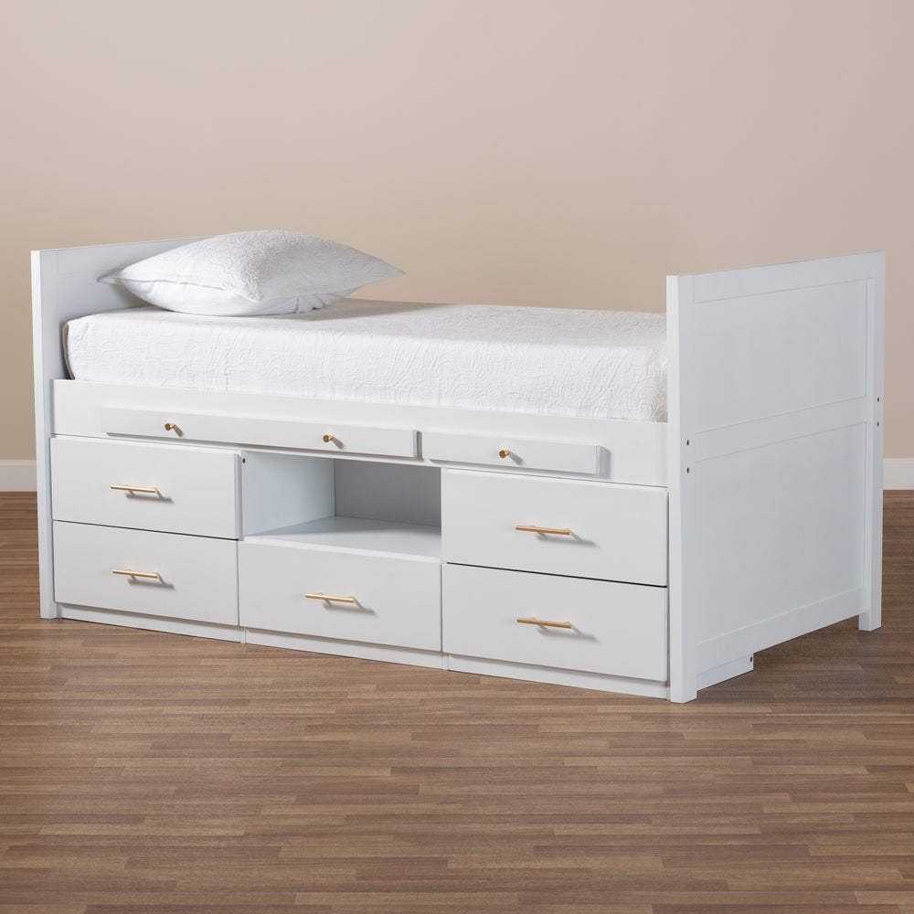 Mirza White Finished Wood 5-Drawer Twin Size Storage Bed With Pull-Out Desk