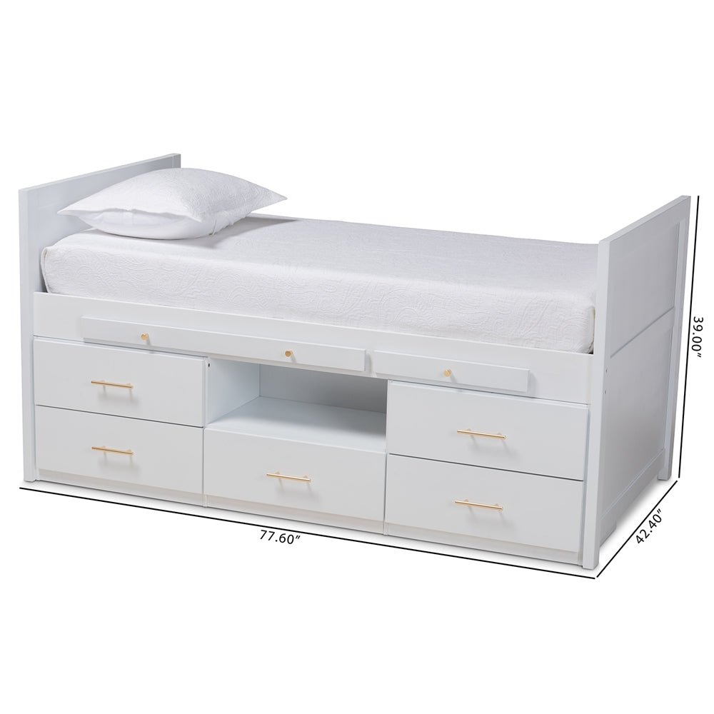 Mirza White Finished Wood 5-Drawer Twin Size Storage Bed With Pull-Out Desk