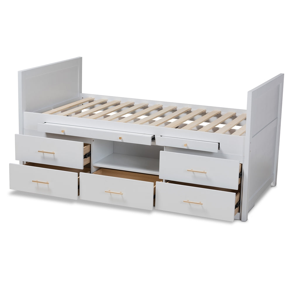 Mirza White Finished Wood 5-Drawer Twin Size Storage Bed With Pull-Out Desk