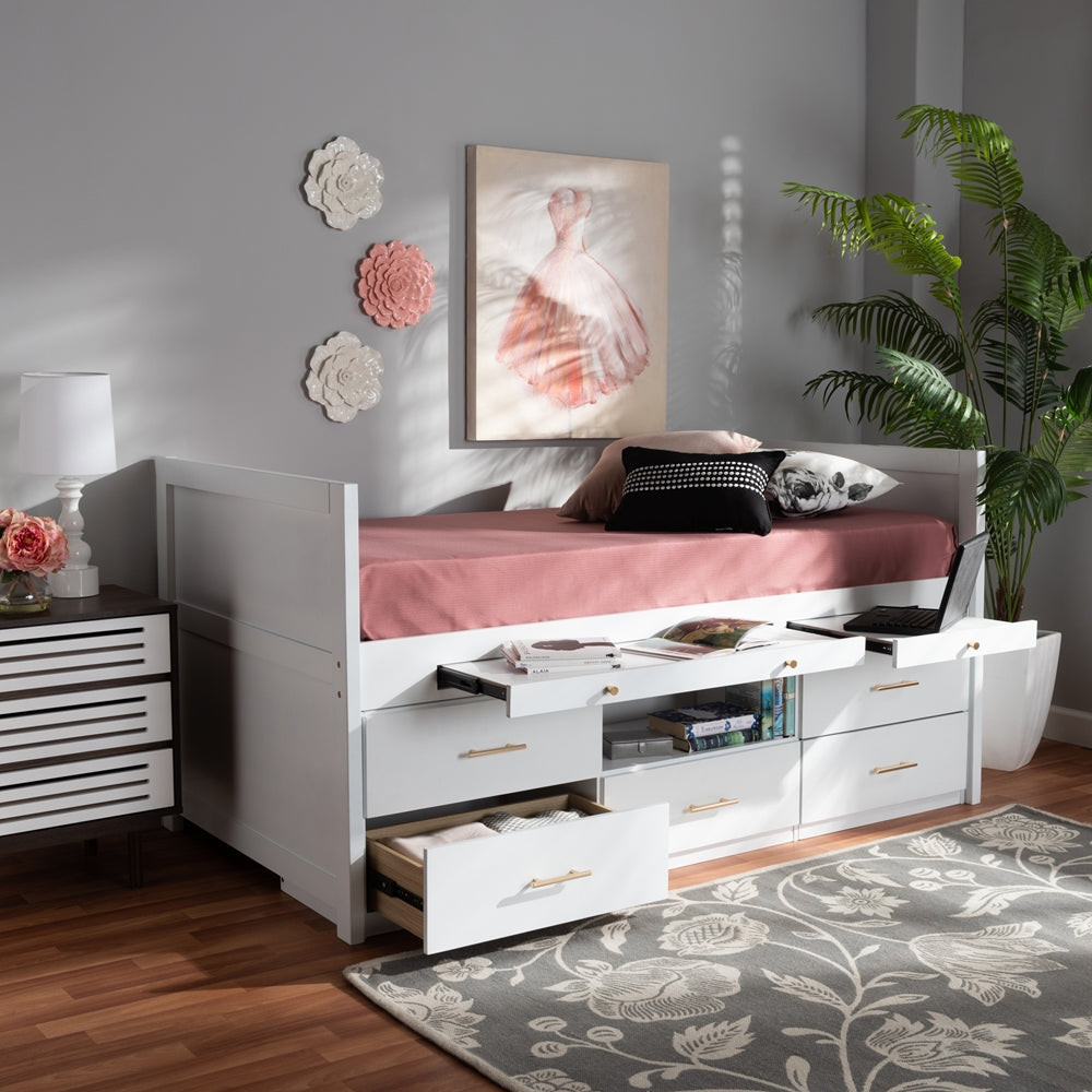 Mirza White Finished Wood 5-Drawer Twin Size Storage Bed With Pull-Out Desk