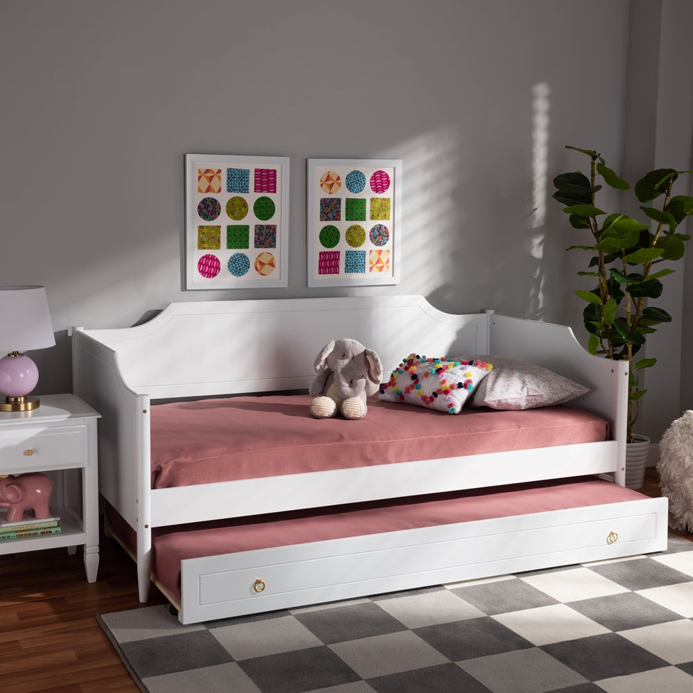 Alya Classic White Finished Wood Twin Size Daybed With Roll-Out Trundle Bed