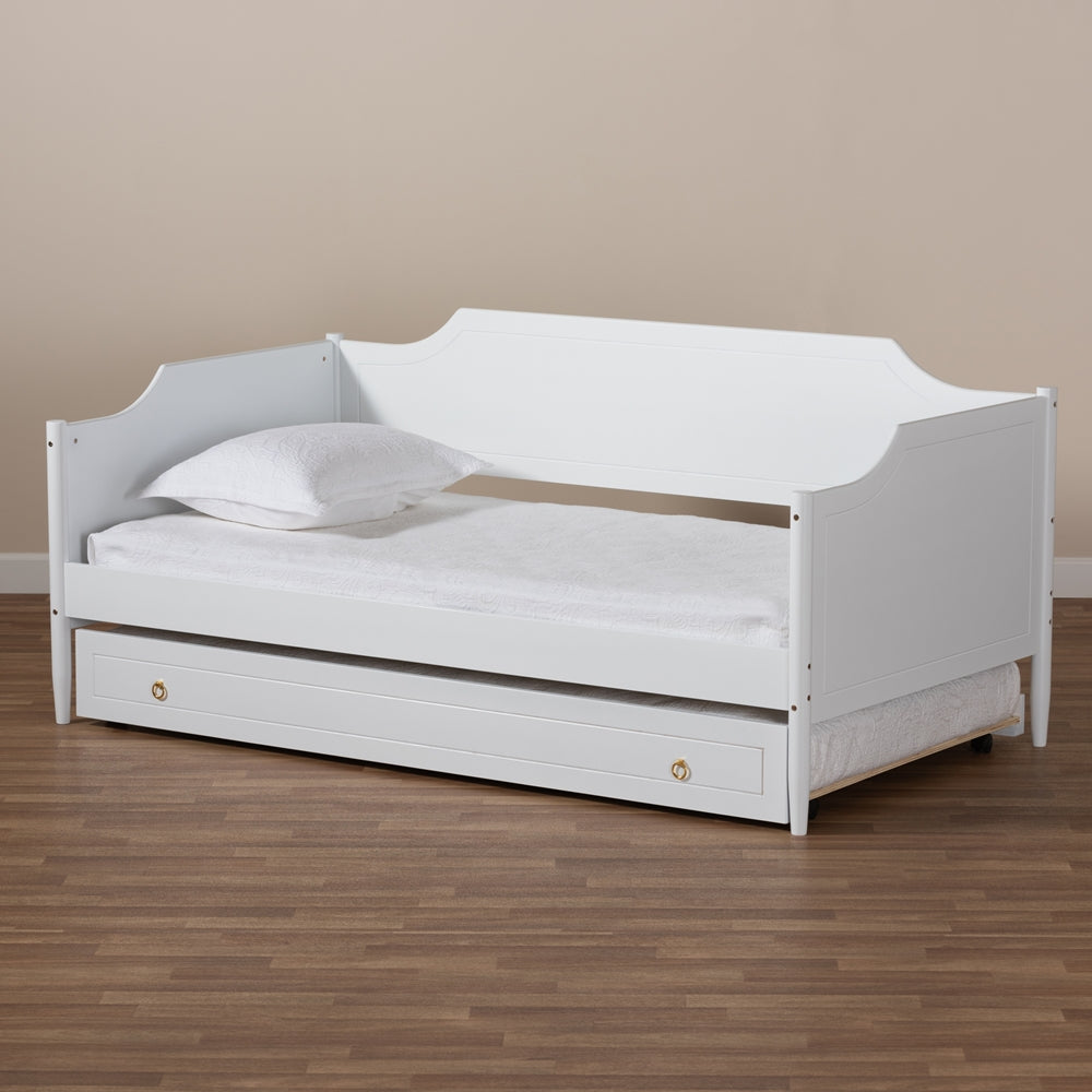 Alya Classic White Finished Wood Twin Size Daybed With Roll-Out Trundle Bed