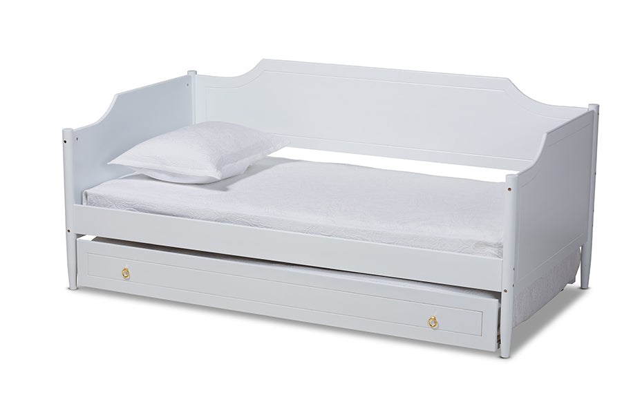 Alya Classic White Finished Wood Twin Size Daybed With Roll-Out Trundle Bed