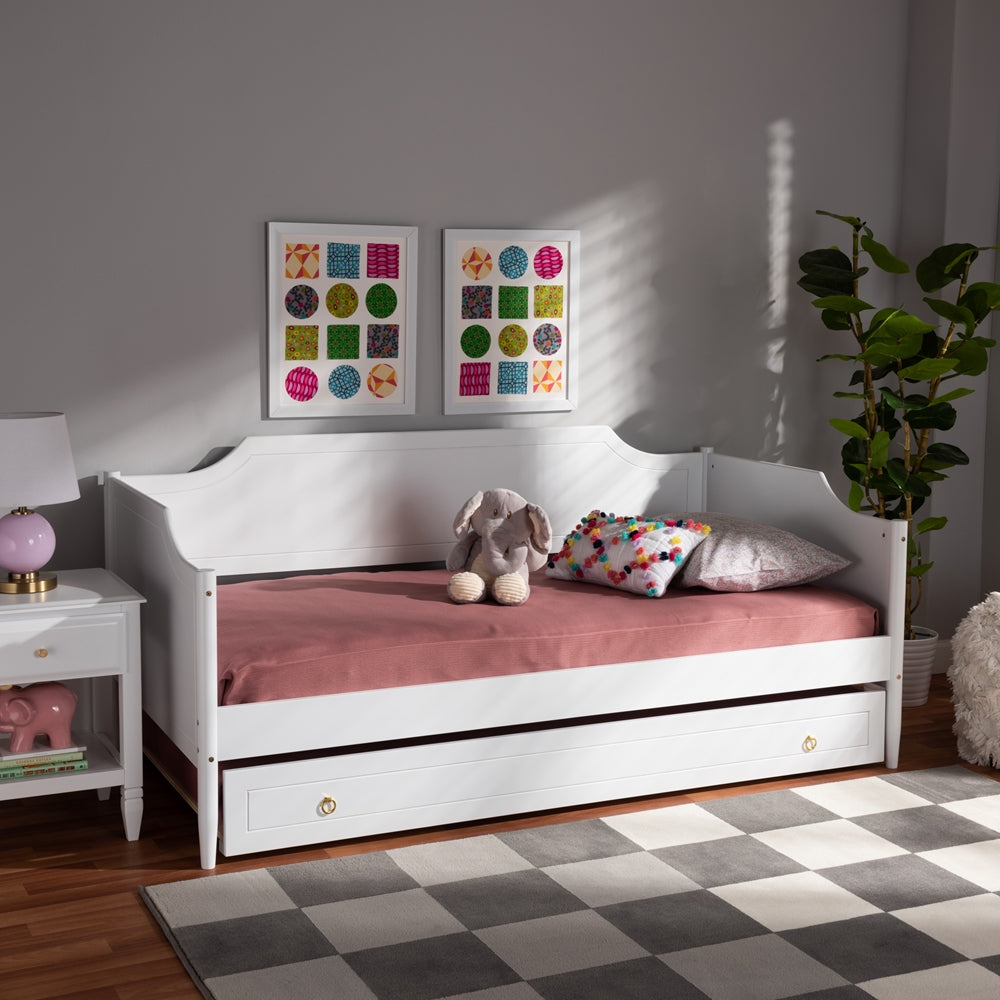 Alya Classic White Finished Wood Twin Size Daybed With Roll-Out Trundle Bed