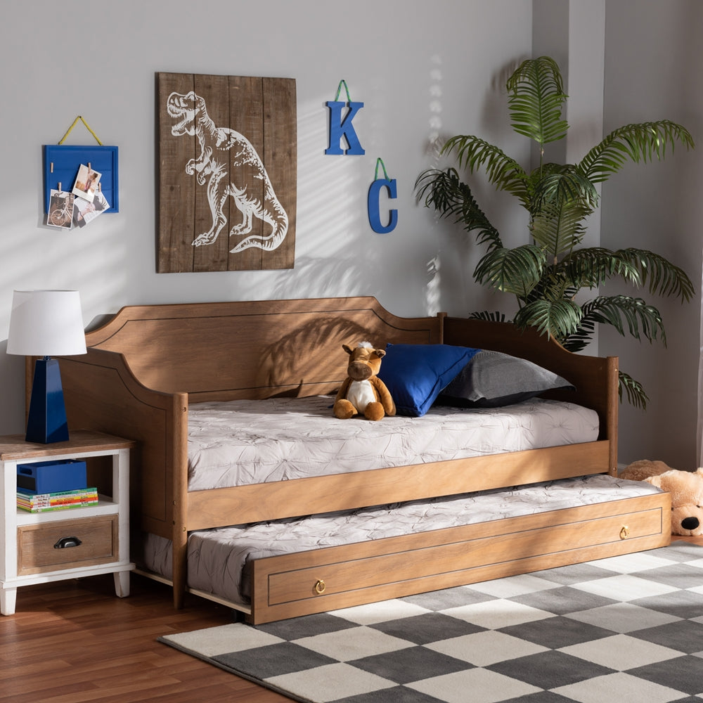 Alya Classic Traditional Farmhouse Walnut Brown Finished Wood Twin Size Daybed with Roll-Out Trundle Bed