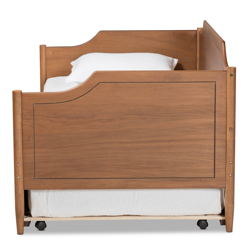 Alya Classic Traditional Farmhouse Walnut Brown Finished Wood Twin Size Daybed with Roll-Out Trundle Bed