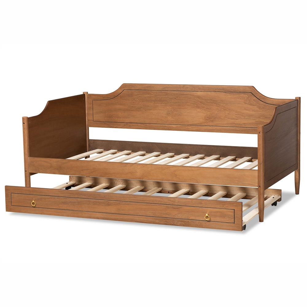 Alya Classic Traditional Farmhouse Walnut Brown Finished Wood Twin Size Daybed with Roll-Out Trundle Bed