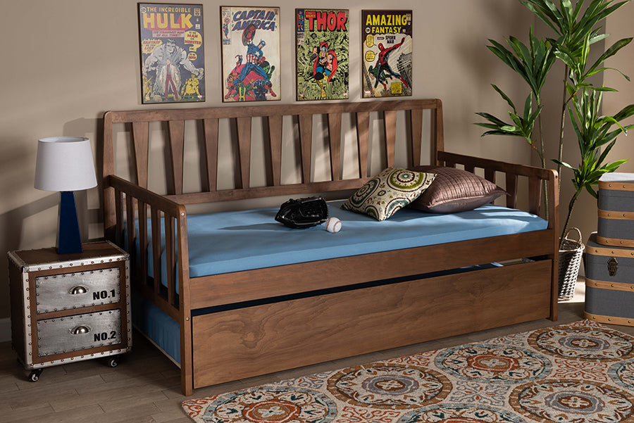 Midori Daybed Transitional Walnut Wood Twin with Roll-Out Trundle