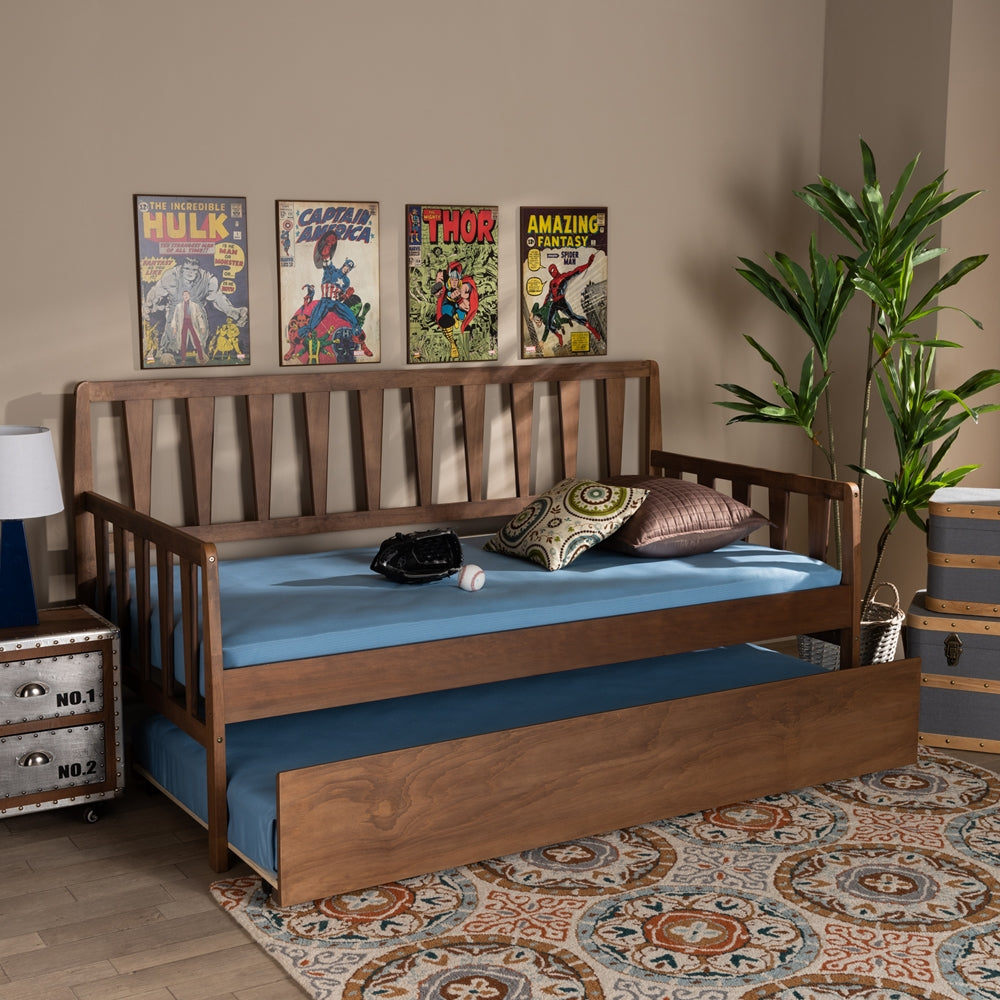 Midori Daybed Transitional Walnut Wood Twin with Roll-Out Trundle