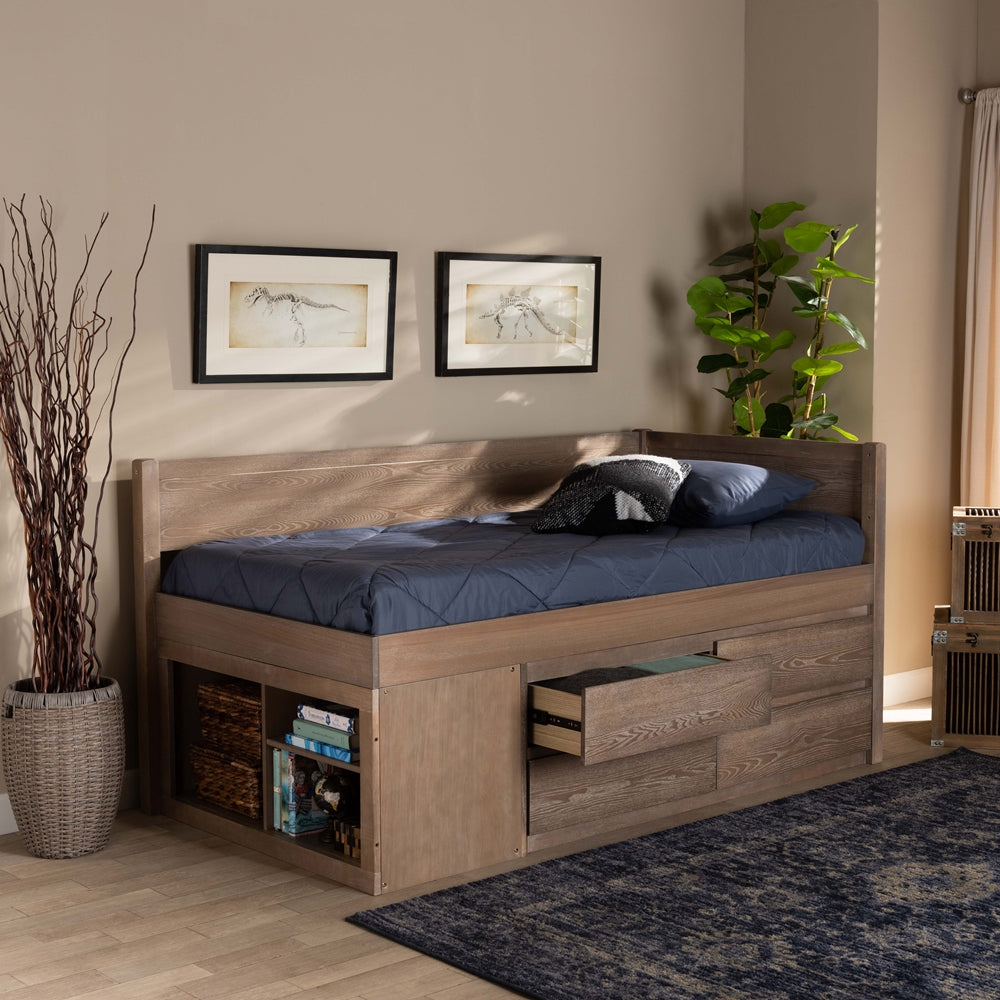Levon Antique Oak Finished Wood 4-Drawer Twin Size Storage Bed