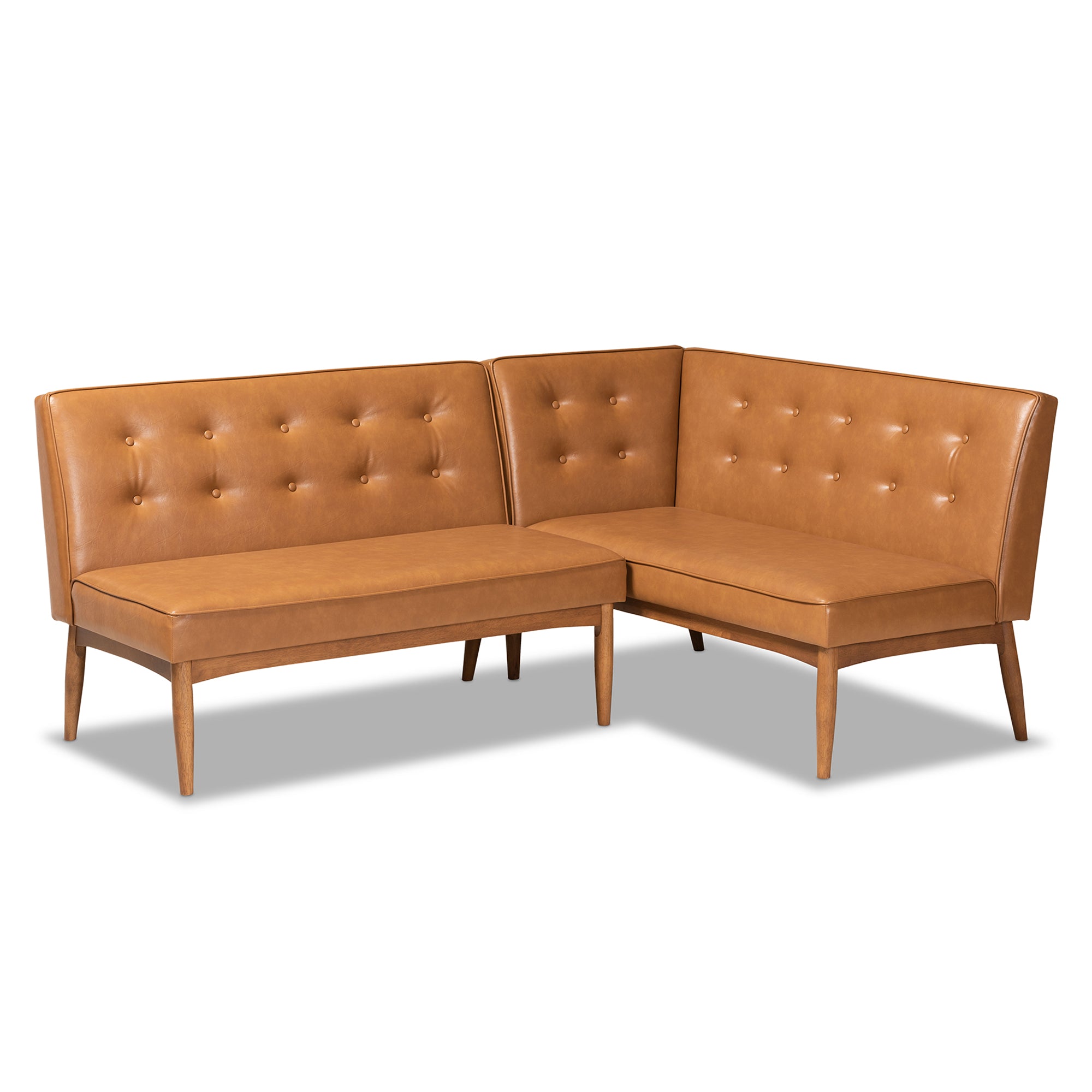 Baxton Studio Arvid Mid-Century Modern Tan Faux Leather Upholstered and Walnut Brown Finished 2-Piece Wood Dining Nook Banquette Set
