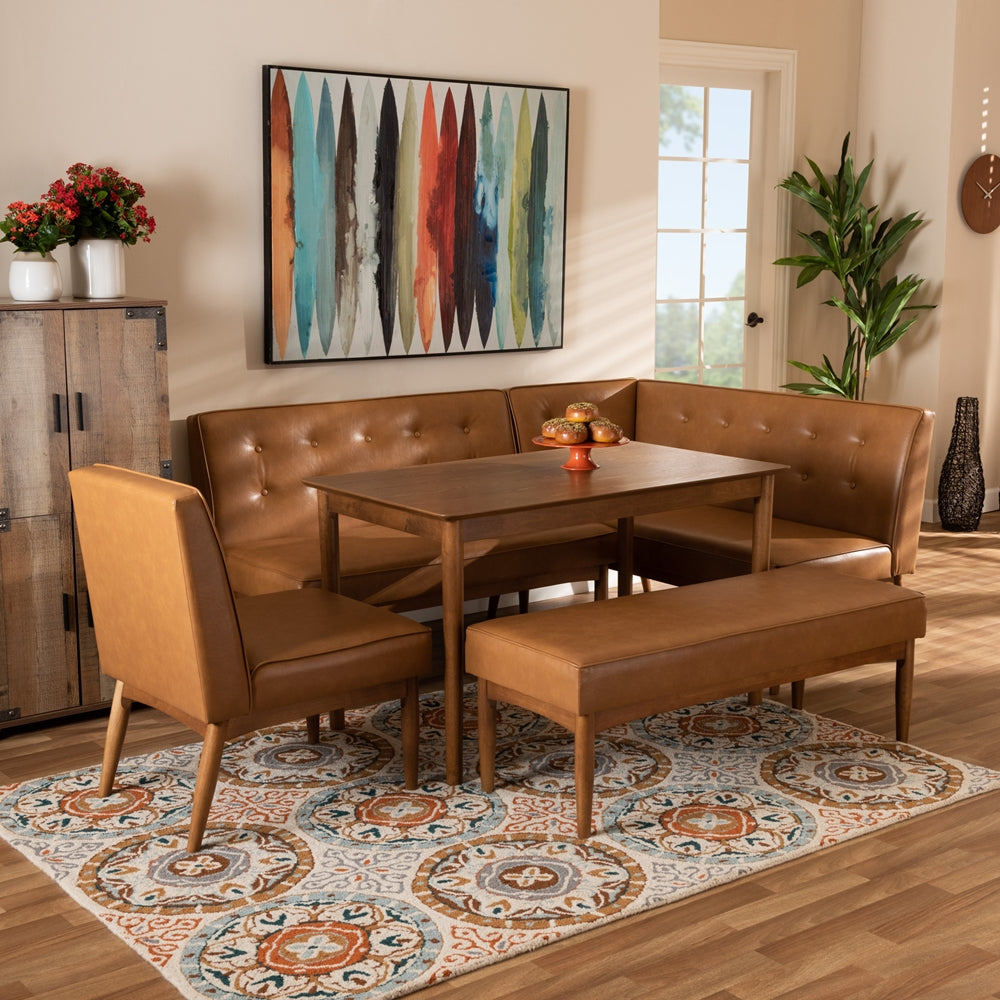 Arvid Mid-Century Modern Tan Faux Leather Upholstered and Walnut Brown Finished Wood 5-Piece Dining Nook Set