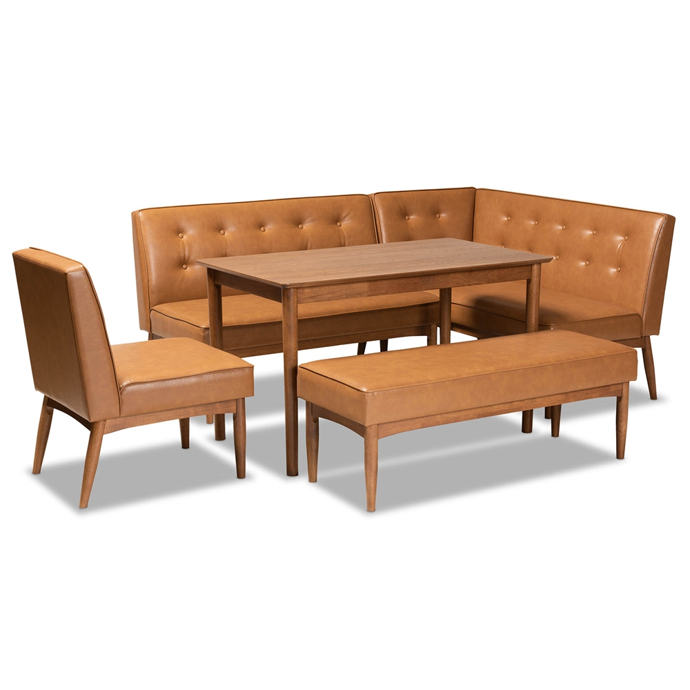 Arvid Mid-Century Modern Tan Faux Leather Upholstered and Walnut Brown Finished Wood 5-Piece Dining Nook Set